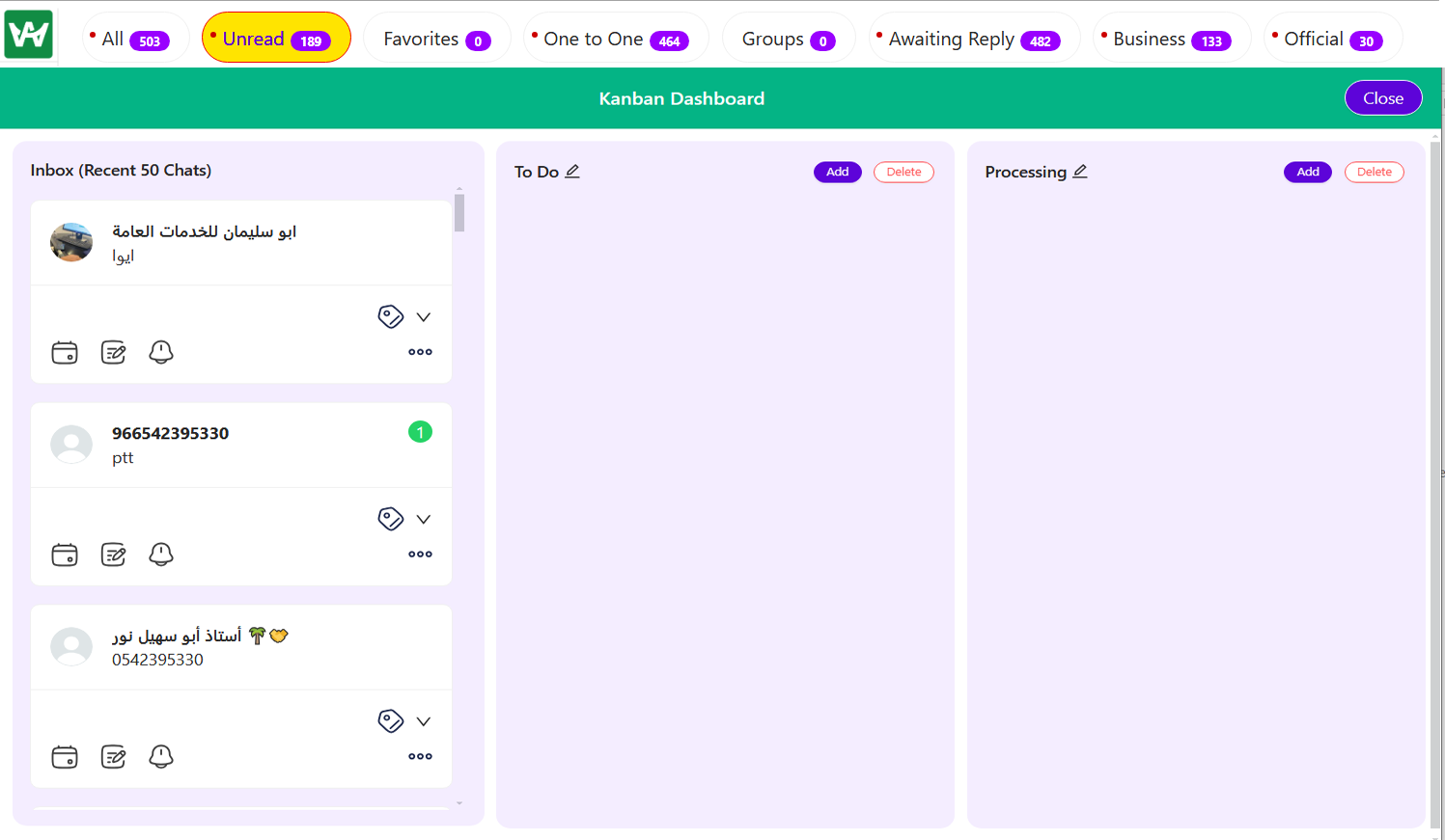 One of the PowerFull Option of WaWhats CRM KanBan DashBoard Organized your Processing works with your Customer and Suppliers