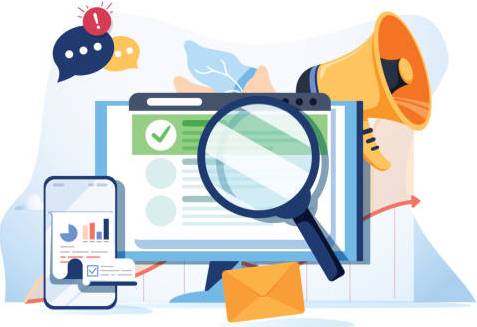 Search result optimization SEO marketing analytics flat vector banner with icons. SEO performance, targeting and monitoring, search results website templates. Modern website concept business solutions